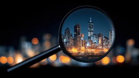 A captivating night view of a city skyline captured through a magnifying glass, showcasing vibrant urban lights and modern architecture.の素材