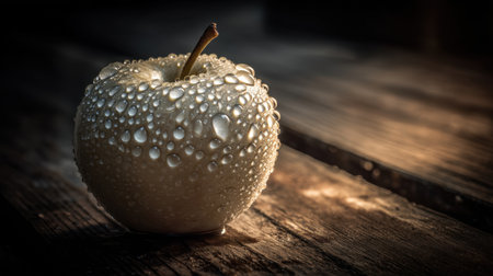 A stunning close-up of a fresh green apple adorned with water droplets, resting on a rustic wooden surface. The natural lighting highlights the intricate details, enhancing the texture and freshness of the fruit.の素材