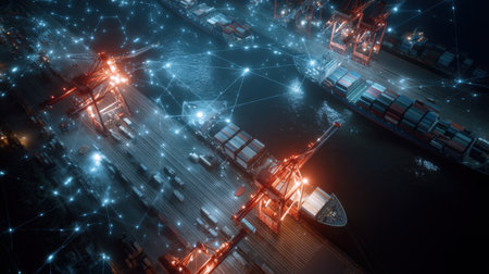 This aerial image showcases a bustling docked cargo ship area at night, highlighted by digital connections symbolizing advanced logistics and trade.の素材