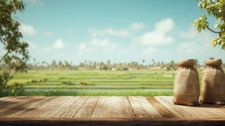 Beautiful rural landscape showcasing lush rice fields under a clear blue sky, with a rustic wooden table and burlap sacks in the foreground.の素材