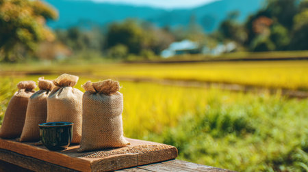 This stunning image showcases rustic bags of grain on a wooden surface, accompanied by a vibrant rice field and lush nature in the background. Ideal for agricultural themes.の素材