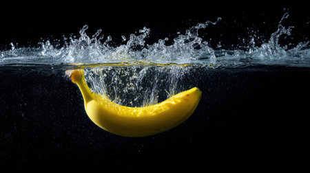 A stunning image of a ripe banana splashing into water, creating dynamic waves against a black background. Perfect for culinary and food-themed projects.の素材
