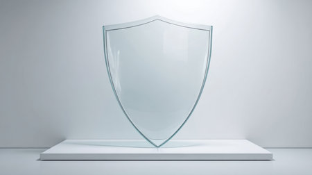 This striking glass shield stands elegantly on a minimalist display, showcasing its transparency and clean lines. Perfect for design concepts.の素材