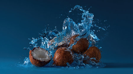 A captivating scene featuring coconut halves and whole fruits with vibrant water splashes against a bold blue backdrop. Ideal for food and beverage themes.の素材