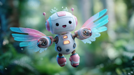 This adorable robot with colorful wings brings joy and charm as it flies through a vibrant forest, blending technology with nature's beauty.の素材