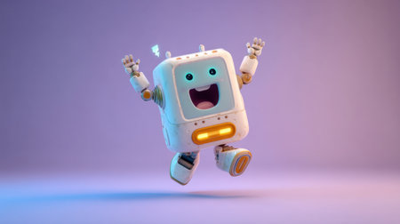 A cute cartoon robot is joyfully jumping with a big smile, showcasing its vibrant design against a colorful background. The character embodies excitement and playfulness, perfect for children's media and technology themes.の素材