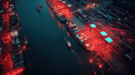 This aerial image showcases bustling shipping ports at night, featuring container ships illuminated by neon network lines symbolizing modern logistics and connectivity.の素材