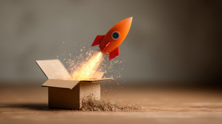 A colorful rocket is launching from an open cardboard box, surrounded by sparks and flames, symbolizing creativity and innovation in motion.の素材