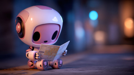 A charming futuristic robot character sits on the ground, intently studying a map in an urban setting, highlighting themes of exploration and technology in a playful way.の素材