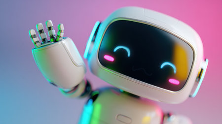 A cute, friendly robot is waving with a glowing backdrop that highlights advanced technology. Its cheerful expression brings a playful touch to modern design.の素材