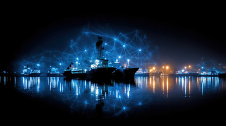 A stunning nighttime harbor scene featuring illuminated vessels reflected in calm waters, epitomizing modern shipping technology and connectivity.の素材