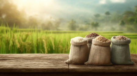 A tranquil scene featuring bags of grains placed on a wooden table, set against a stunning green rice field backdrop under soft sunlight.の素材