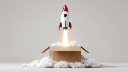 A captivating image of a rocket launching from a cardboard box surrounded by fluffy clouds, symbolizing innovation, dreams, and new beginnings.の素材
