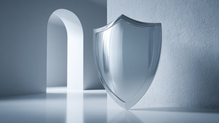 A sleek silver shield rests against a textured wall in a bright and airy minimalist room, creating a striking visual contrast with the archway.の素材