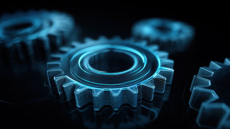 This image showcases an abstract digital view of three high-tech gears illuminated by blue light against a dark background. Perfect for technology and innovation themes.の素材
