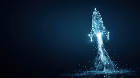 A captivating digital illustration of a futuristic rocket launching into a dark space, showcasing geometric lines and glowing particles that symbolize innovation and exploration.の素材