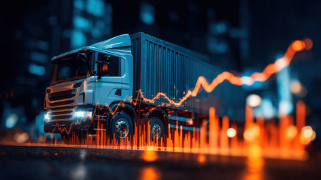A futuristic truck navigates an urban street, surrounded by dynamic light trails and data visualizations that symbolize transportation trends and analytics.の素材