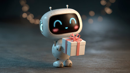 This enchanting 3D robot character, with a cheerful expression, holds a beautifully wrapped gift box, creating a delightful atmosphere.の素材