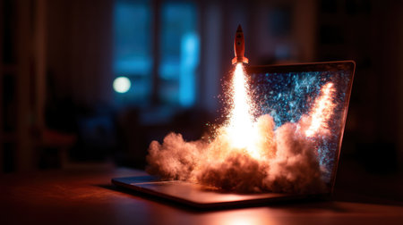 This captivating image features a laptop with a rocket launching from its screen, representing the fusion of technology and imagination. The glowing smoke and vibrant colors convey a sense of energy and innovation, perfect for themes of progress and creativity in the digital age.の素材