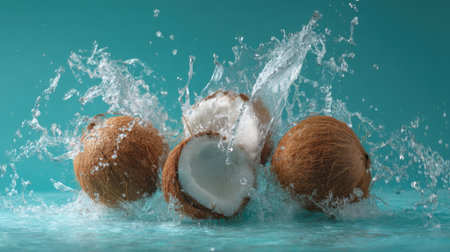Dynamic image of fresh coconut halves splashing water against a vibrant blue backdrop. Ideal for tropical culinary themes and refreshing beverage ideas.の素材