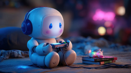 A charming robot character enjoys an immersive gaming experience in a vibrant nighttime setting, complete with colorful lights and a cozy atmosphere.の素材