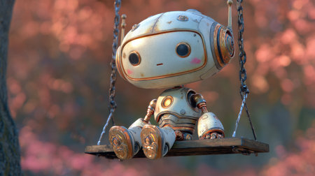 A charming robot with a playful design sits on a swing in an enchanting autumn setting, surrounded by colorful leaves and trees.の素材