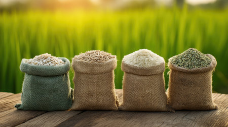 Beautifully arranged varieties of rice in jute bags sit on a wooden table, set against a vibrant green field, showcasing the beauty of natural ingredients.の素材