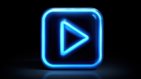 A vibrant neon play button icon with a glowing effect set against a sleek black background, ideal for digital media and content design.の素材