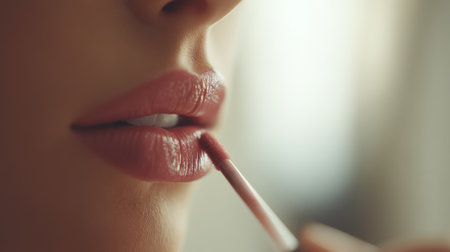 A captivating close-up image showcasing a person delicately applying lip gloss using a brush, highlighting the smooth texture and shine of the lips.の素材