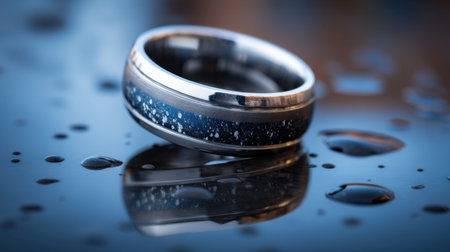 A stunning silver ring with a dark blue band and shimmering texture sits gracefully on a reflective surface adorned with water droplets.の素材