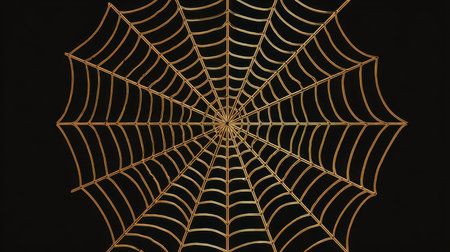 This captivating image features a detailed golden spider web against a dramatic dark background, showcasing intricate patterns and perfect symmetry ideal for artistic projects.の素材