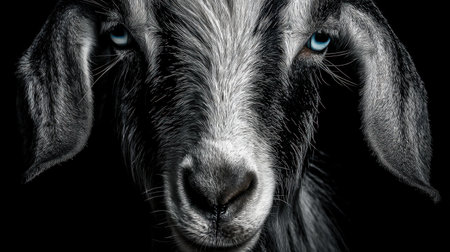 A striking close-up of a goat's face showcasing its intricate fur details and mesmerizing blue eyes against a dark backdrop, perfect for animal lovers.の素材