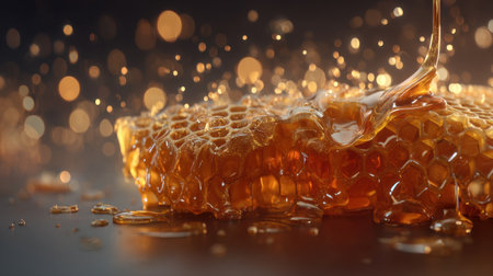 This captivating close-up image showcases golden honey flowing from a honeycomb in an enchanting bokeh background, perfect for food-related themes.の素材