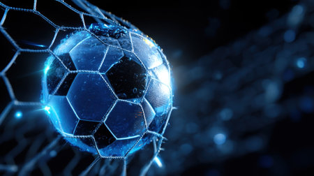 A stunning close-up of a glowing soccer ball striking the net with dynamic lighting effects. Perfectly captures the excitement of the game and the thrill of scoring.の素材