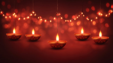 A stunning display of traditional oil lamps hanging against a rich red background, illuminated by soft fairy lights, creating a warm festive atmosphere.の素材