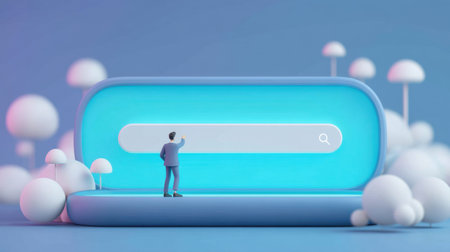 This 3D illustration features a person interacting with a prominent search bar in a soothing blue ambiance, surrounded by whimsical clouds, symbolizing digital exploration and innovation.の素材