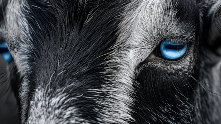 This close-up image captures the unique beauty of a goat, focusing on its striking blue eyes and textured black and white fur. The portrait conveys a sense of calmness and connection with nature.の素材