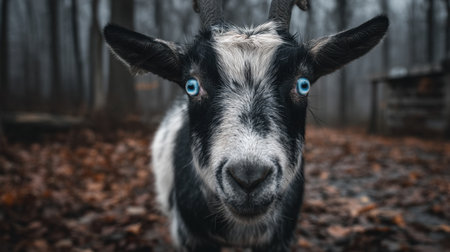 This captivating image features a close-up of a goat with striking blue eyes set against a serene forest backdrop, capturing nature's beauty.の素材
