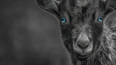 A captivating close-up portrait of a goat showcasing its striking blue eyes and textured fur, beautifully contrasting against a soft background.の素材