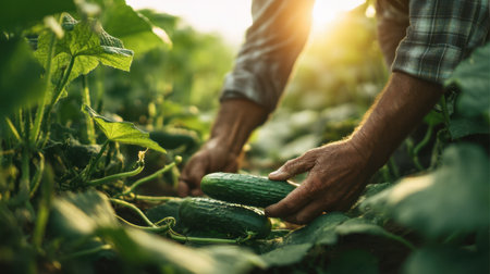 A person harvests fresh cucumbers in a vibrant organic garden, basking in the warm sunlight, showcasing the beauty of sustainable farming and healthy living.の素材