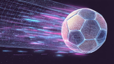 A vibrant illustration of a futuristic soccer ball in motion, featuring digital effects and neon colors, capturing the energy and excitement of the sport.の素材