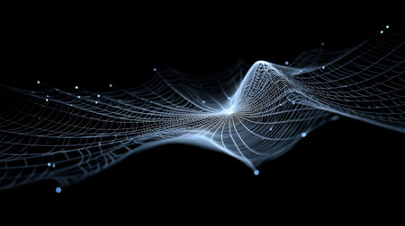Experience the beauty of abstract digital waves with glowing particles in a mesh structure, embodying a futuristic design against a dark background.の素材