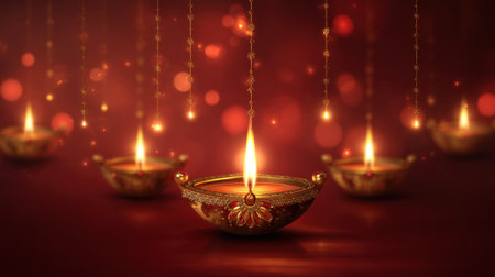 Beautifully arranged oil lamps, or diyas, shine with flickering flames against a rich, blurred background, perfect for enhancing festive decor and ambiance.の素材