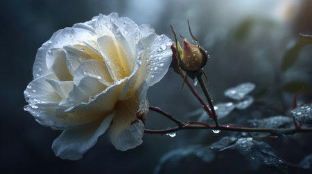 A stunning close-up of an elegant white rose adorned with dew drops, capturing the delicate beauty of nature in a serene setting. The soft focus background enhances the flower's charm, showcasing its intricate petals and vibrant colors, evoking tranquility and elegance.の素材