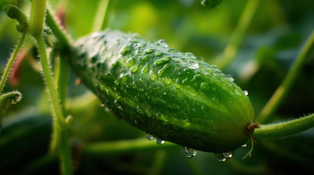 A close-up view of a fresh green cucumber surrounded by lush greenery, adorned with glistening water droplets, showcasing its vibrant beauty.の素材