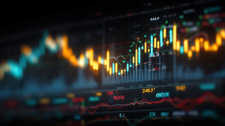 Explore an engaging stock market visualization featuring colorful graphs and indicators, perfect for financial analysis and trading insights.の素材
