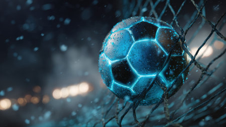 A mesmerizing soccer ball with a glowing blue outline rests in a net, captured under dramatic lighting and a hazy atmosphere, evoking dynamic energy.の素材