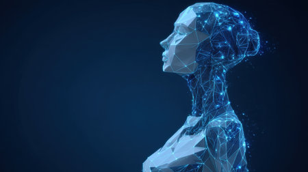 This stunning image showcases a futuristic female robot profile, featuring intricate geometric lines and glowing elements against a dark backdrop. Perfect for tech or art themes.の素材