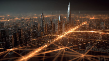 This stunning nighttime image showcases a futuristic urban landscape, highlighting a city skyline connected by glowing digital lines representing high-tech networking.の素材