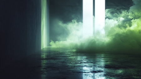 A captivating view of a dark room enveloped in ethereal green fog, highlighting illuminated vertical light beams and reflective surfaces.の素材